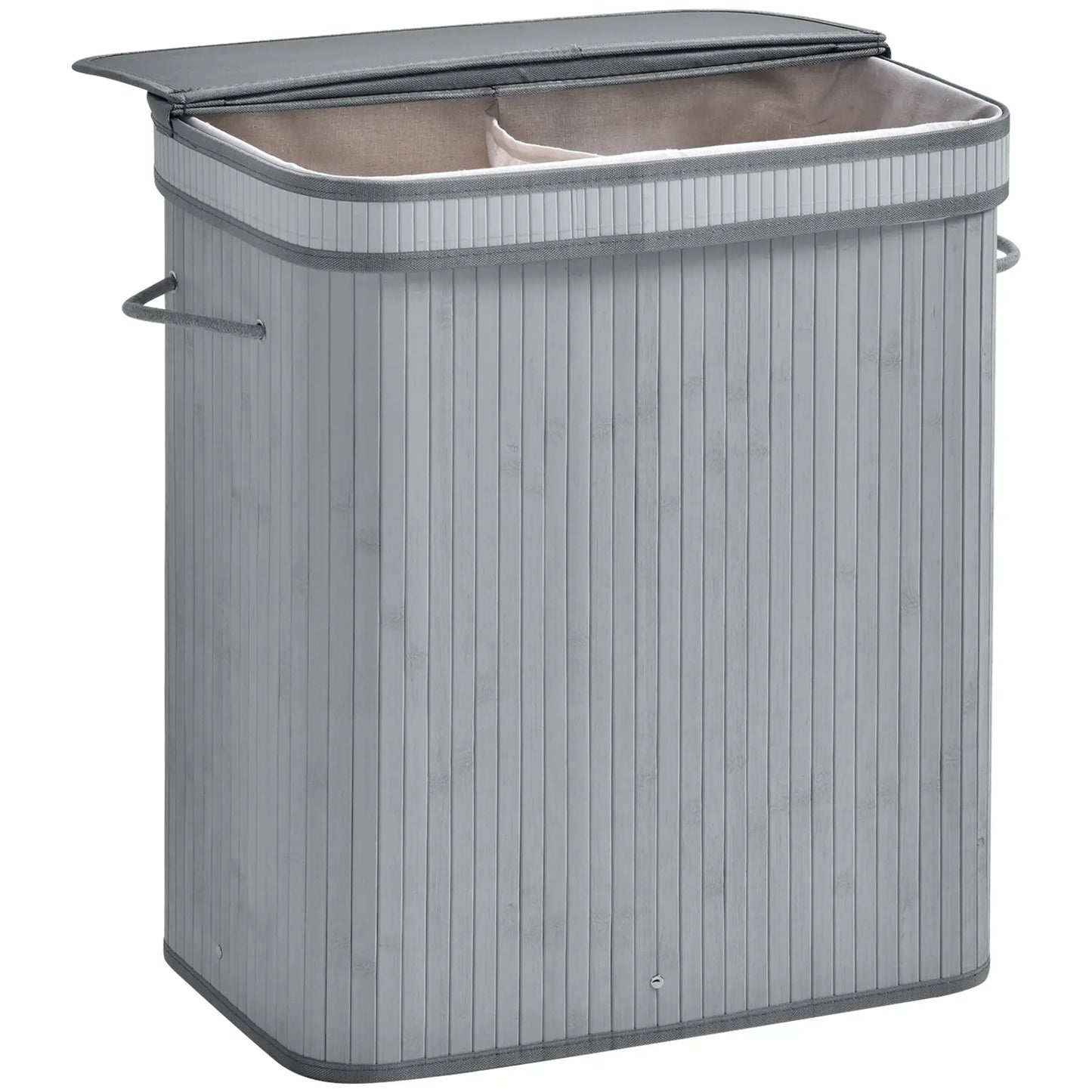 HOMCOM 100L Natural Wood Laundry Basket Compartment w/Flip Lid Removable Lining Handles Foldable, Dirty Clothes Storage, Grey