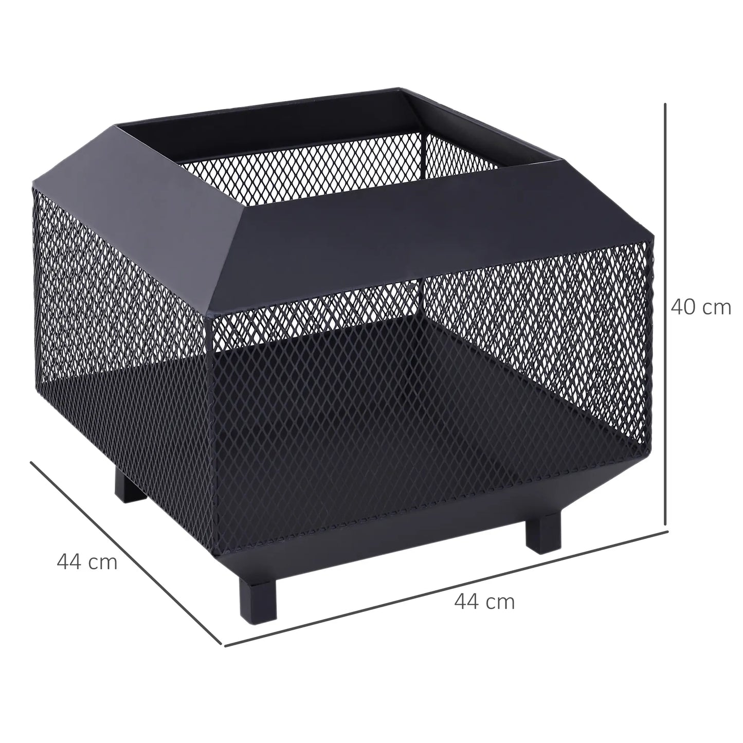 Outsunny Metal Square Fire Pit Outdoor Mesh Firepit Brazier w/ Lid, Log Grate, Camping, Bonfire, Wood Burning Stove, Black