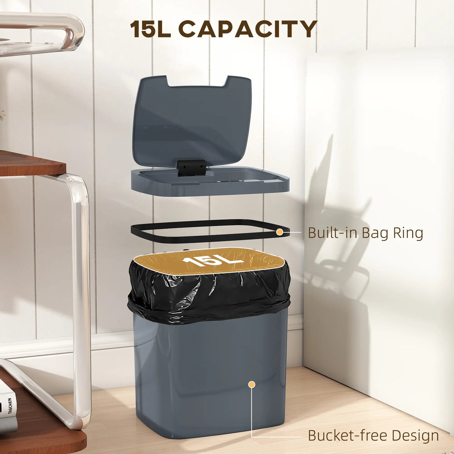 HOMCOM 15L Sensor Bin, Automatic Touchless Kitchen Bin, Easy Clean, Battery Operated, Grey