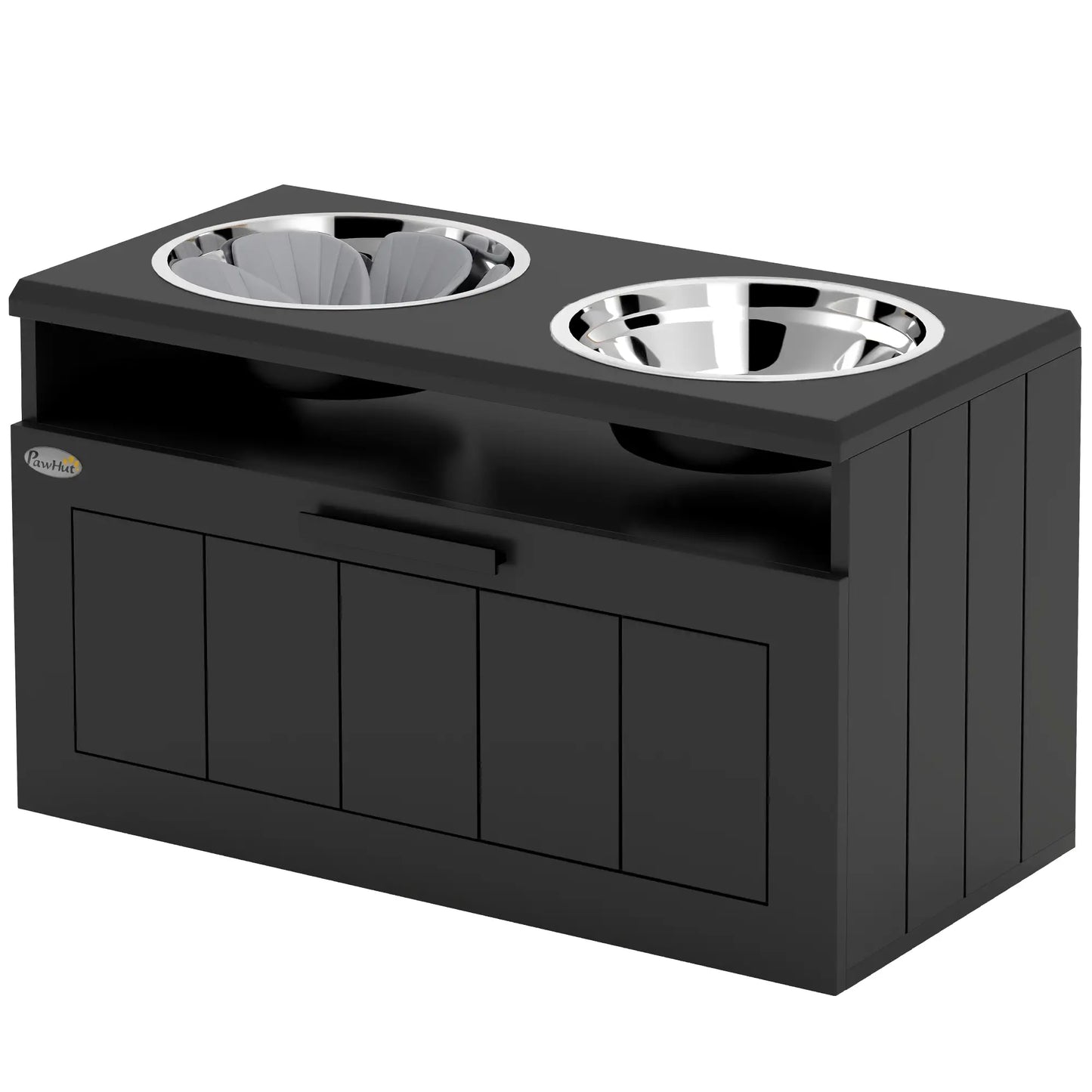 PawHut Raised Dog Bowl with Slow Feeder, Two Stainless Steel Bowls, Drawer for Large & Extra Large Dogs, Black