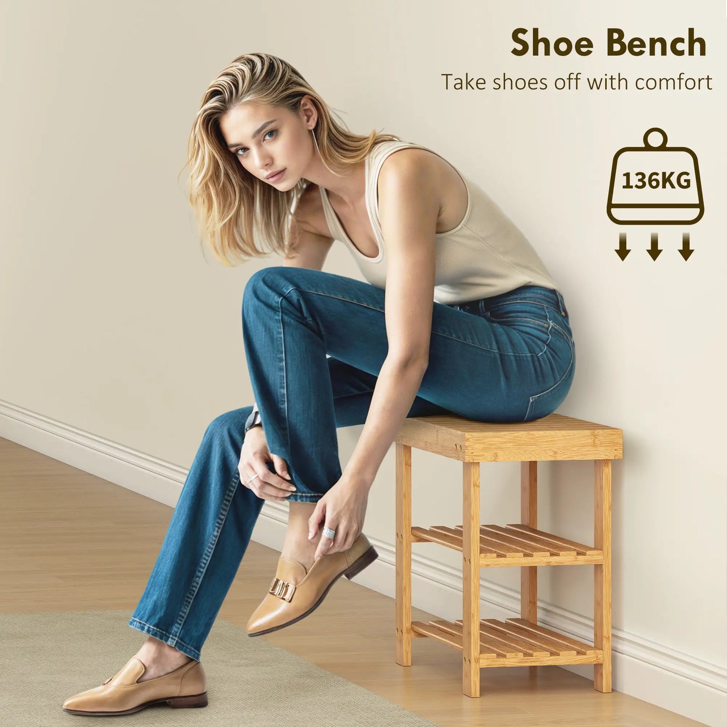 HOMCOM Two Shelf Bamboo Shoe Storage Bench Home Furniture - Natural Finish
