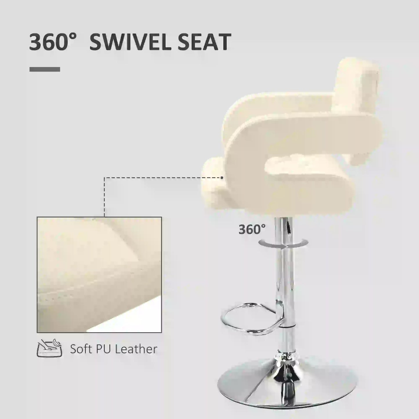 HOMCOM PU Leather Upholstered Swivel Bar Stool, Height Adjustable with Back, Armrest, Footrest, Beige