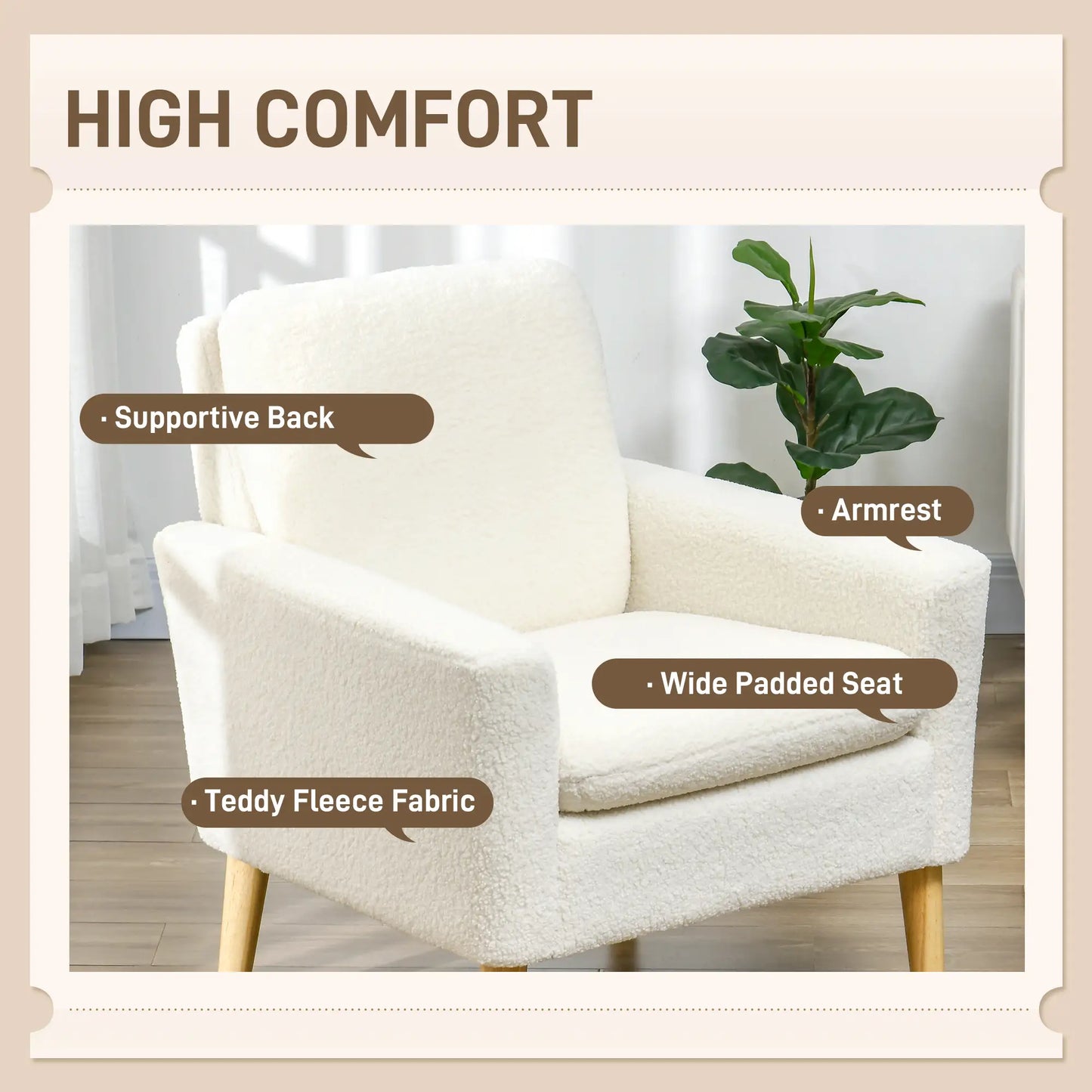 HOMCOM Armchair, Upholstered Accent Chair with Wood Legs & Wide Padded Seat, Teddy Occasional Chair, Cream White