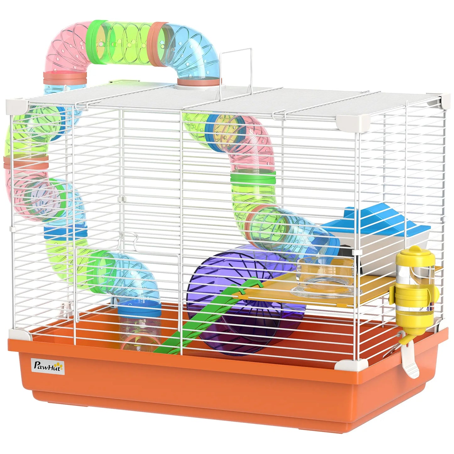 PawHut 2 Tier Hamster Cage, Gerbil Cage with Handle, Exercise Wheels, Tunnel, Water Bottle, Ladder for Dwarf