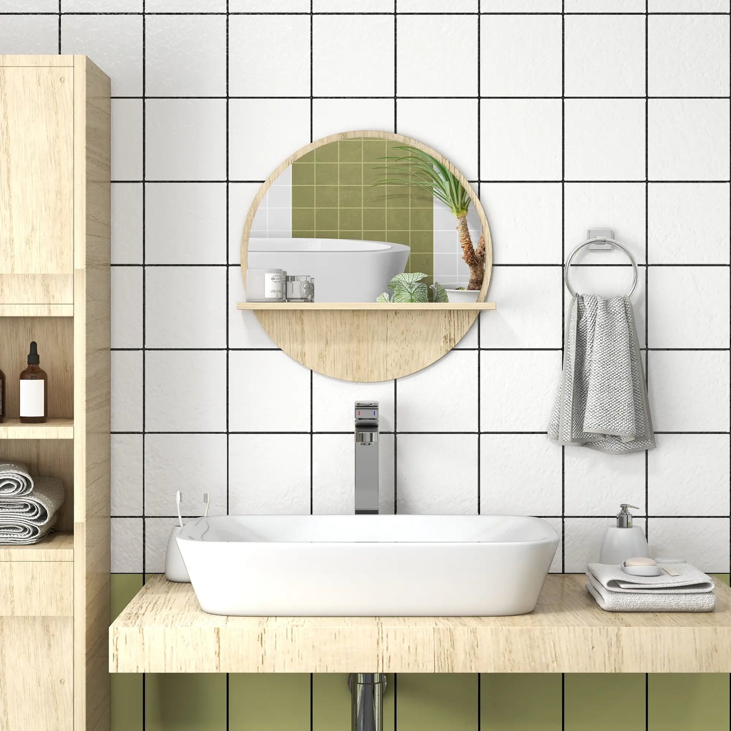 kleankin 45cm Round Home Bathroom Mirror, with Shelf - Natural Wood Effect