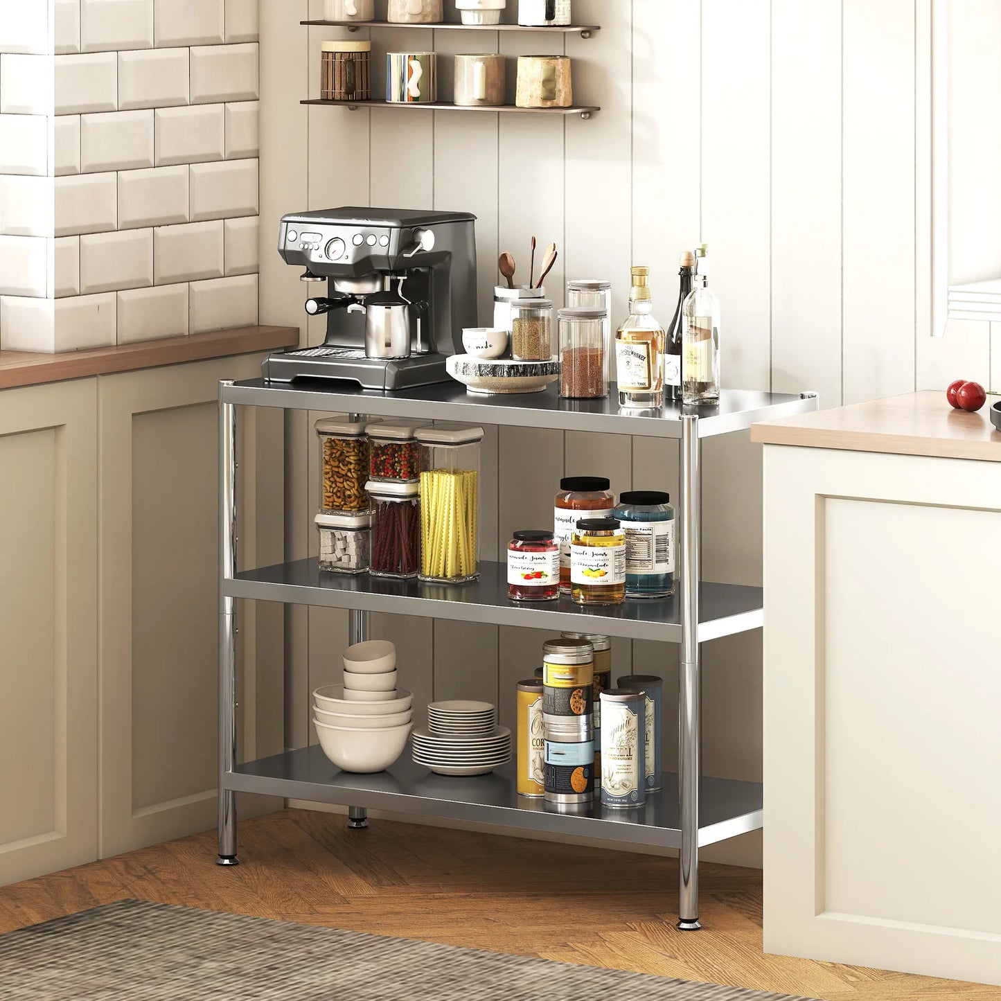 HOMCOM 3-Tier Bakers Rack with Storage, Stainless Steel Kitchen Stand with Adjustable Shelves for Small Spaces