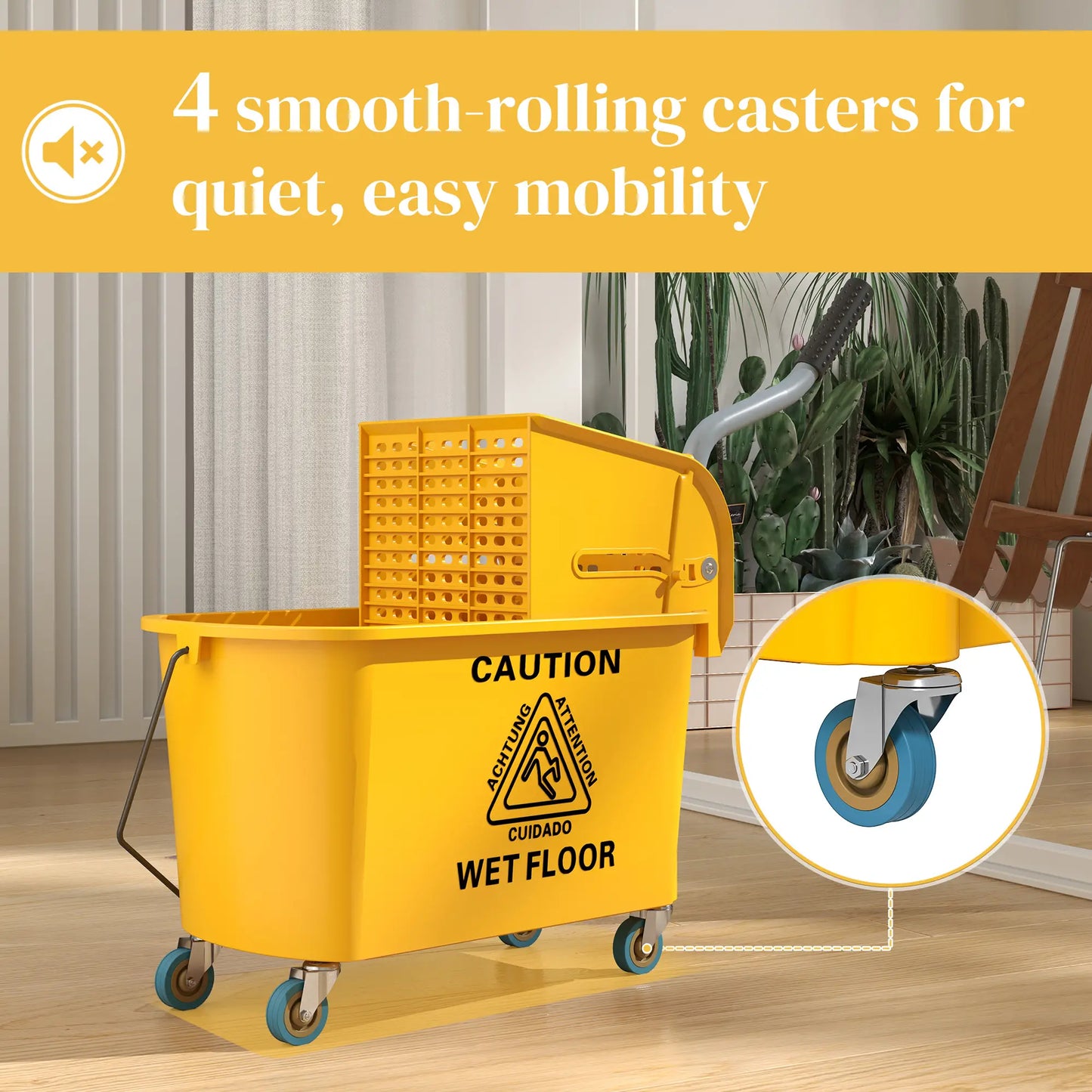 HOMCOM Mop Bucket with Wringer Set on Wheels for Floor Cleaning, 20 Litre Side Press Wringer with Handle, Yellow