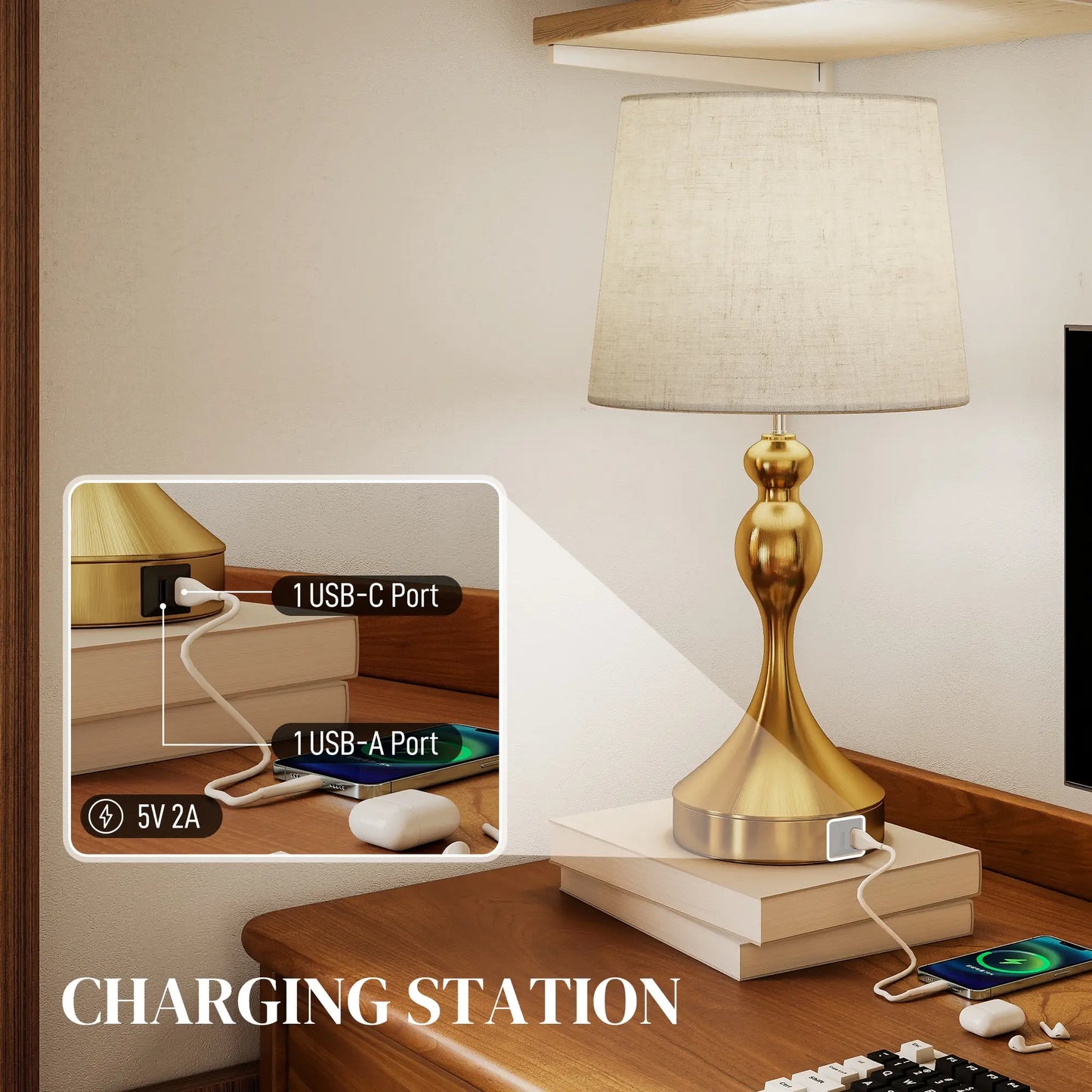 HOMCOM Bedside Lamps Set of 2, Modern Table Lamps with 3 Colour Temperatures, USB A+C Charging Ports & Linen Shade, Gold Tone