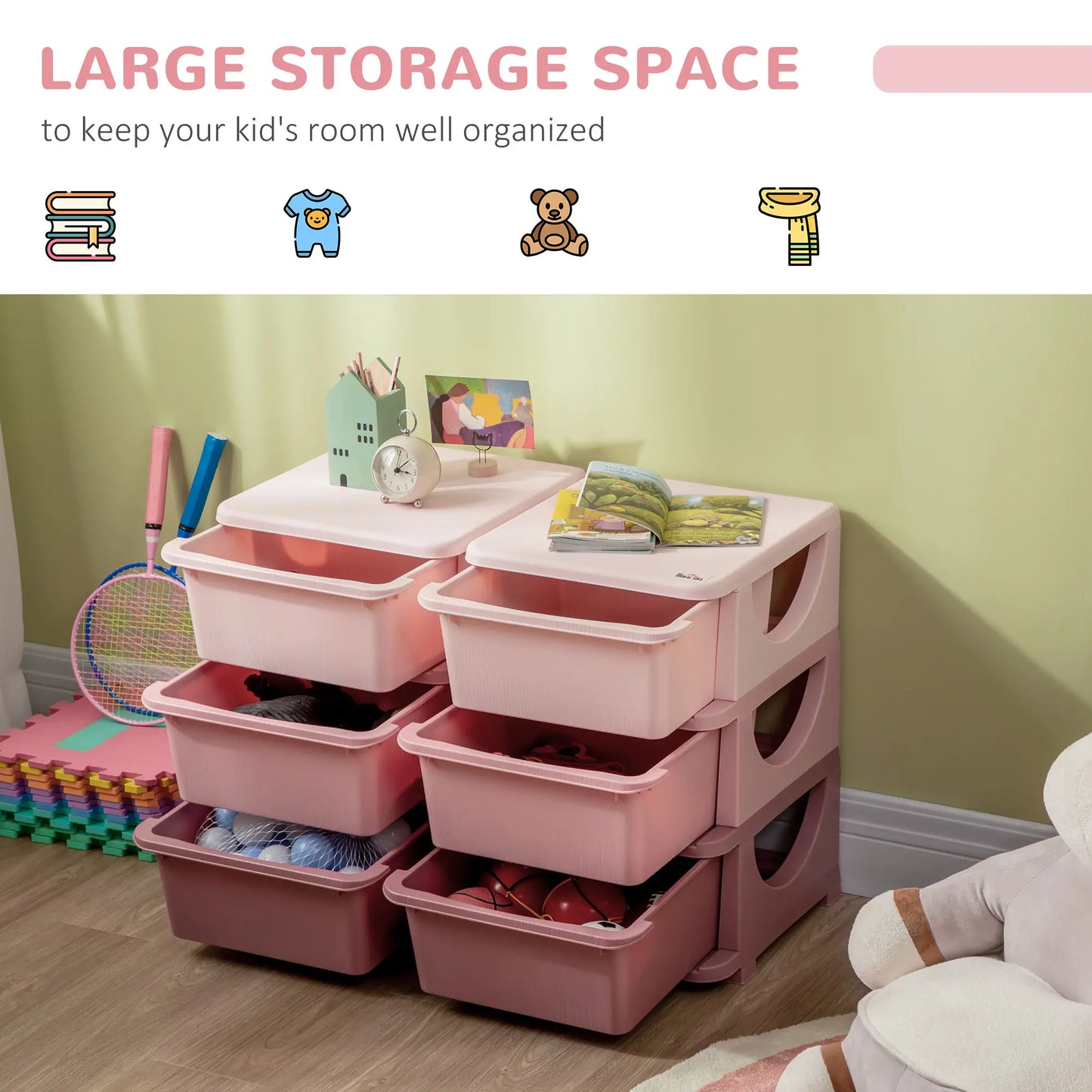 HOMCOM Kids Storage Organiser Unit, with Six Compartments Drawers - Pink