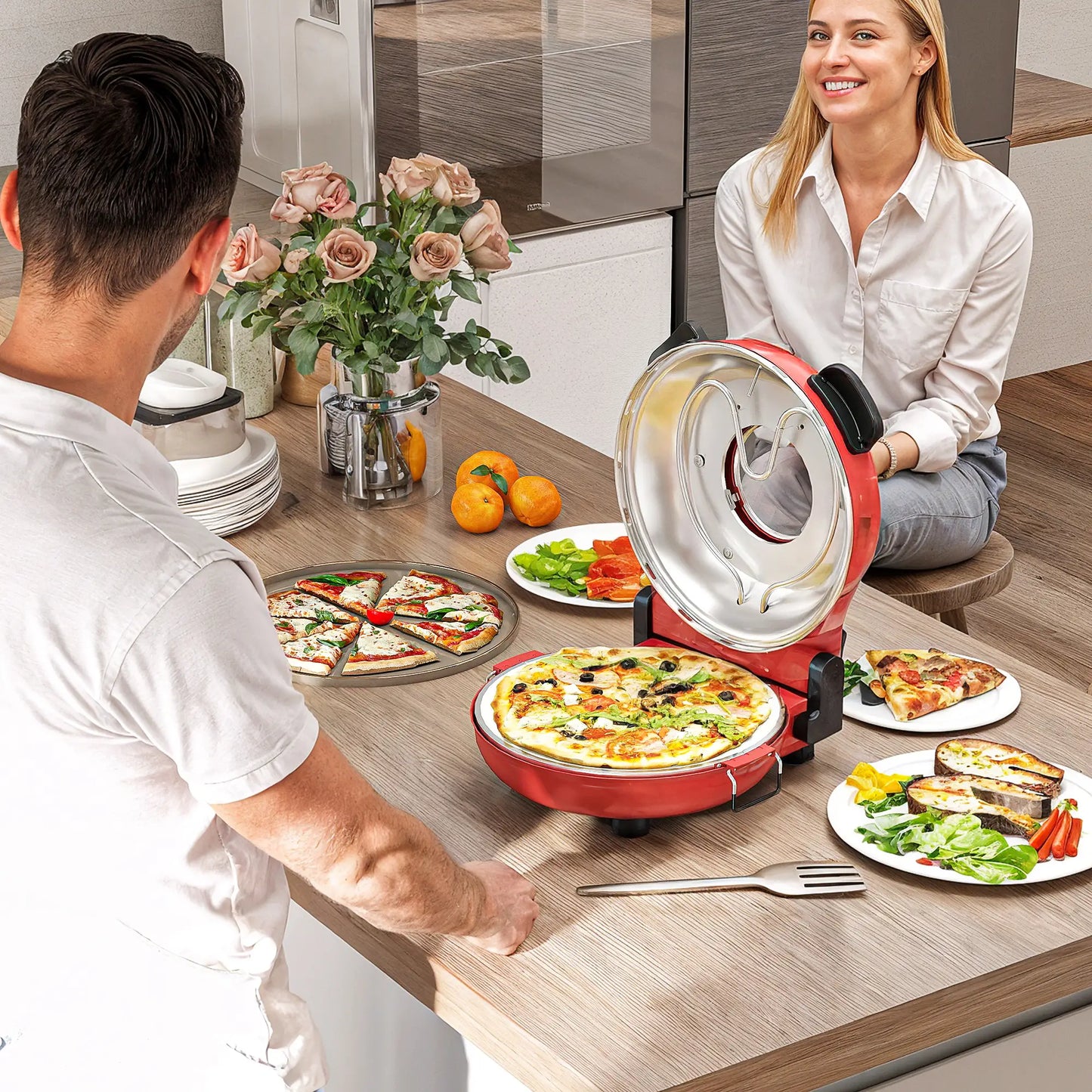 HOMCOM 1200W Pizza Oven, 12 Inch Electric Pizza Maker with Viewing Window, Timer Control & Overheat Protection, Red