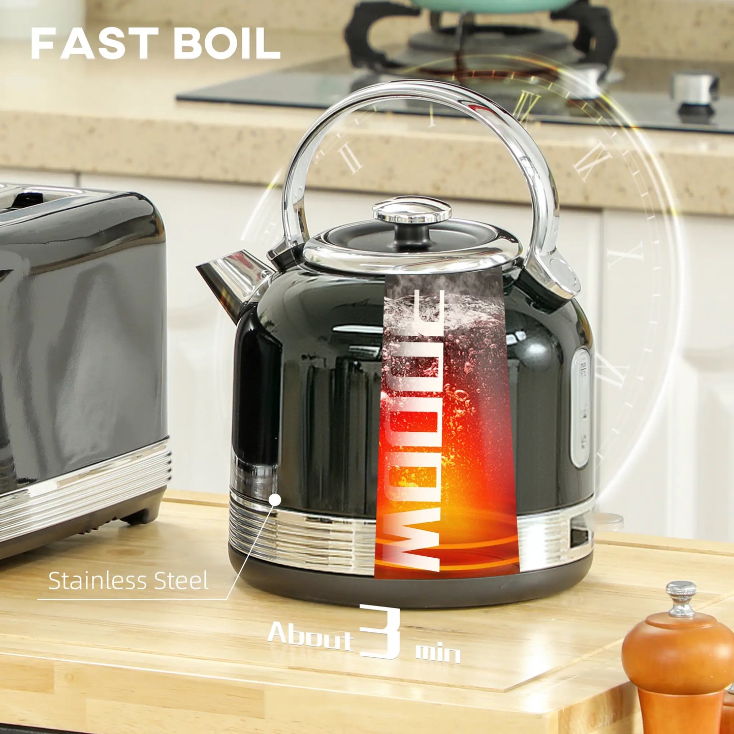 HOMCOM Polished Metal Stainless Steel Kettle 1.7L and Toaster Set - Black