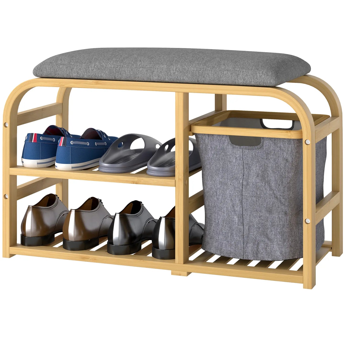 HOMCOM Bamboo Shoe Rack Storage Bench with Padded Seat - Nature Wood Finish