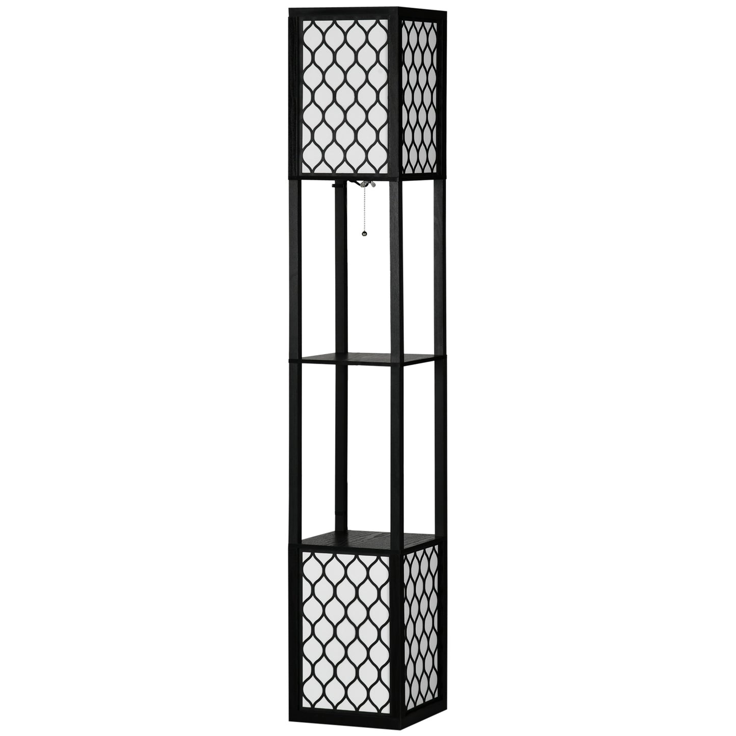 HOMCOM Floor Lamp with Shelves, Modern Tall Standing Lamp with Fabric Lampshade and Dual Light, Black
