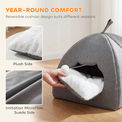 PawHut Cat Cave Bed for Indoor Kittens, Cat House with Removable Cushion and Teaser Ball, Kitty Igloo, Grey