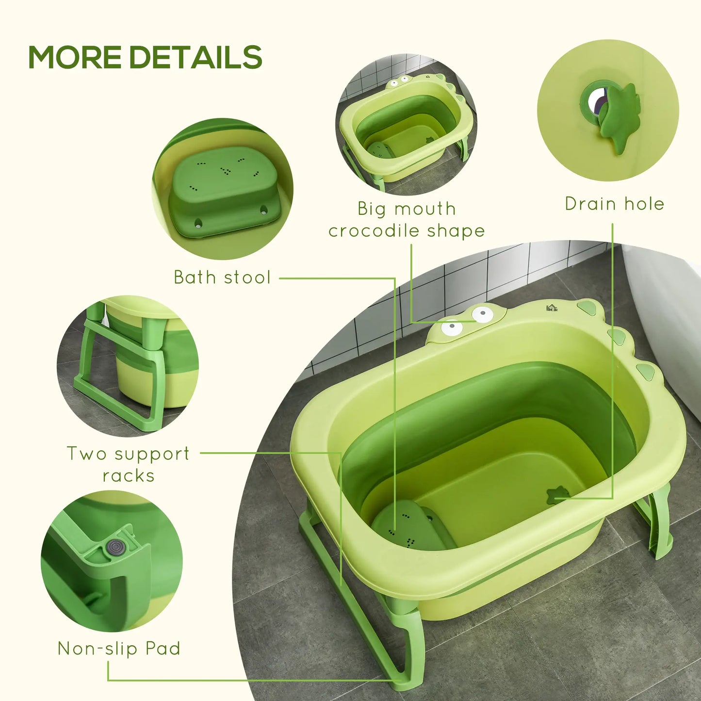HOMCOM Foldable Kids Baby Bathtub Bucket, with Stool - Green