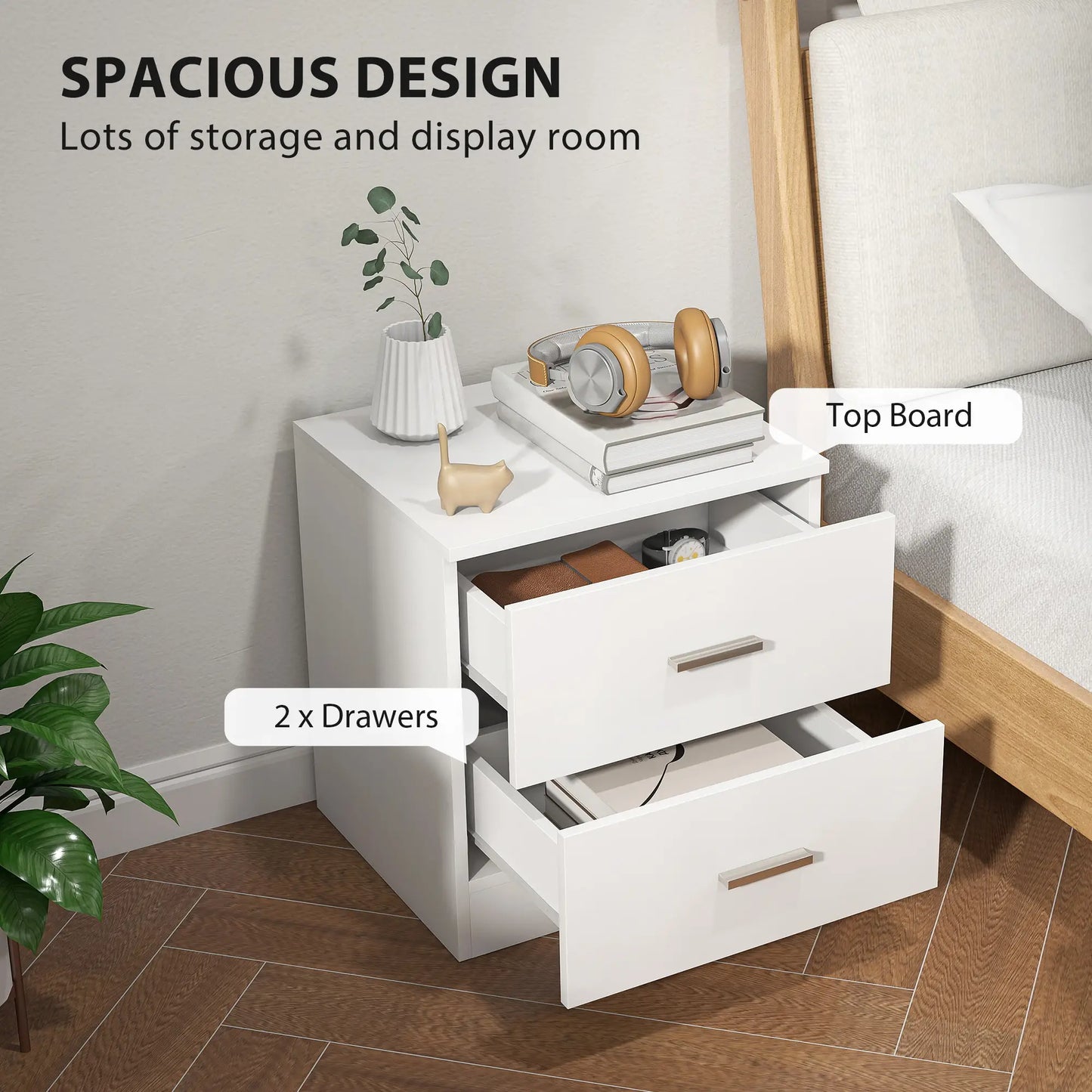 HOMCOM Modern Bedside Table, Beside Cabinet with 2 Drawers for Bedroom, Living Room, White