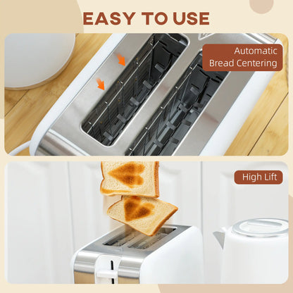 HOMCOM Stainless Steel Kettle and Toaster Set, 1.7L 3000W Fast Boil Kettle & 2 Slice Toaster Kitchen Set, White