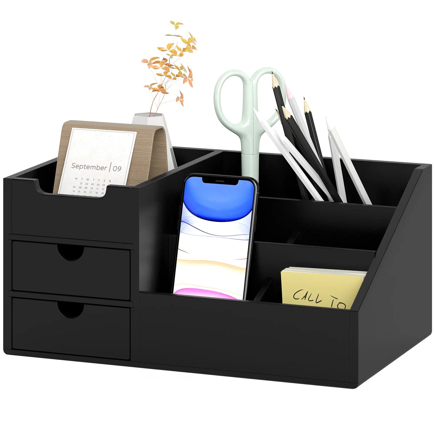 HOMCOM Desk Organiser Holder, Bamboo Multi-Function Storage Caddy with 7 Storage Compartments and 2 Drawers for Home & Office