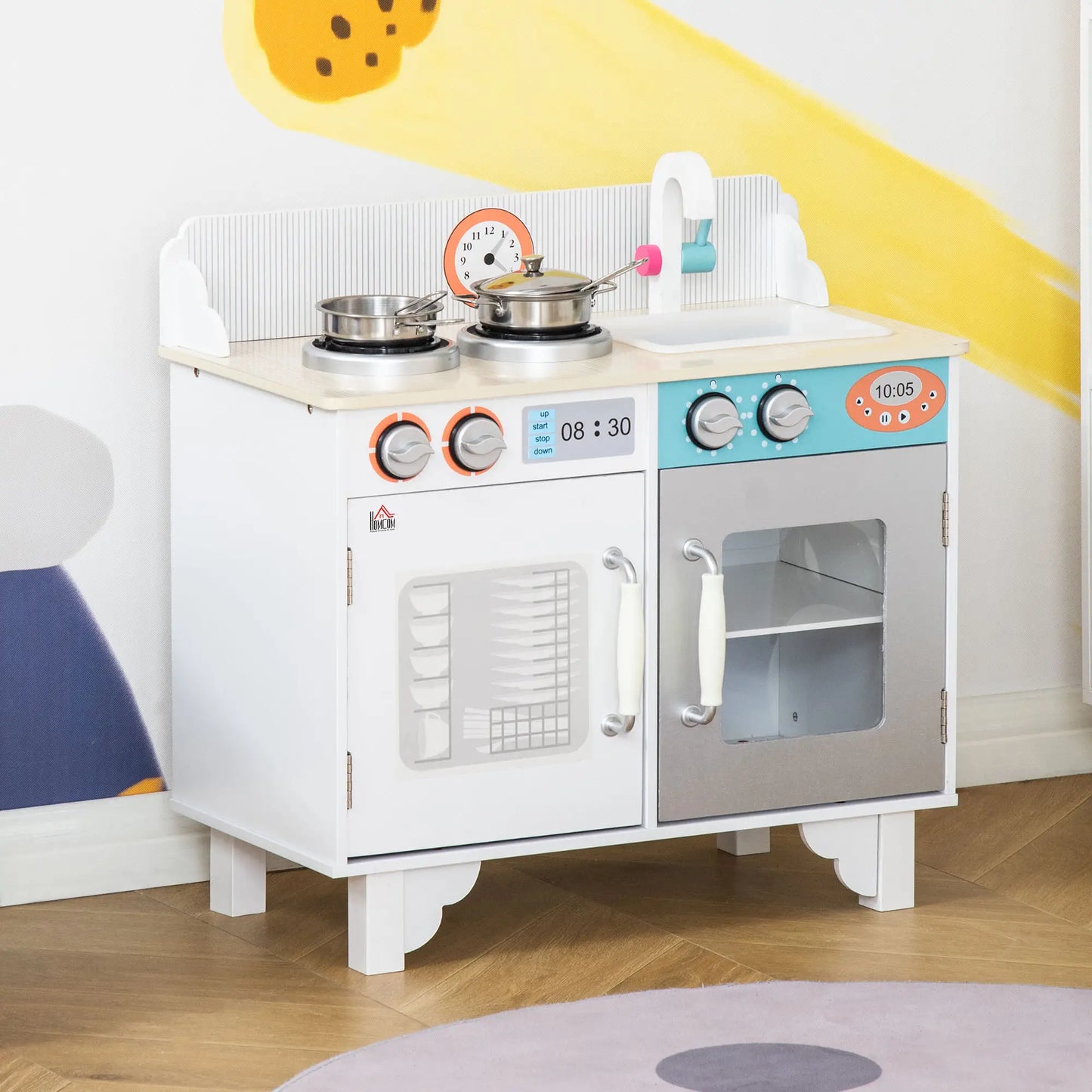 HOMCOM Kids Wooden Play Kitchen Toy Cooking Set Pretend Role Playset, Cooking Bench, Stainless Steel Pot for 3-6 Years
