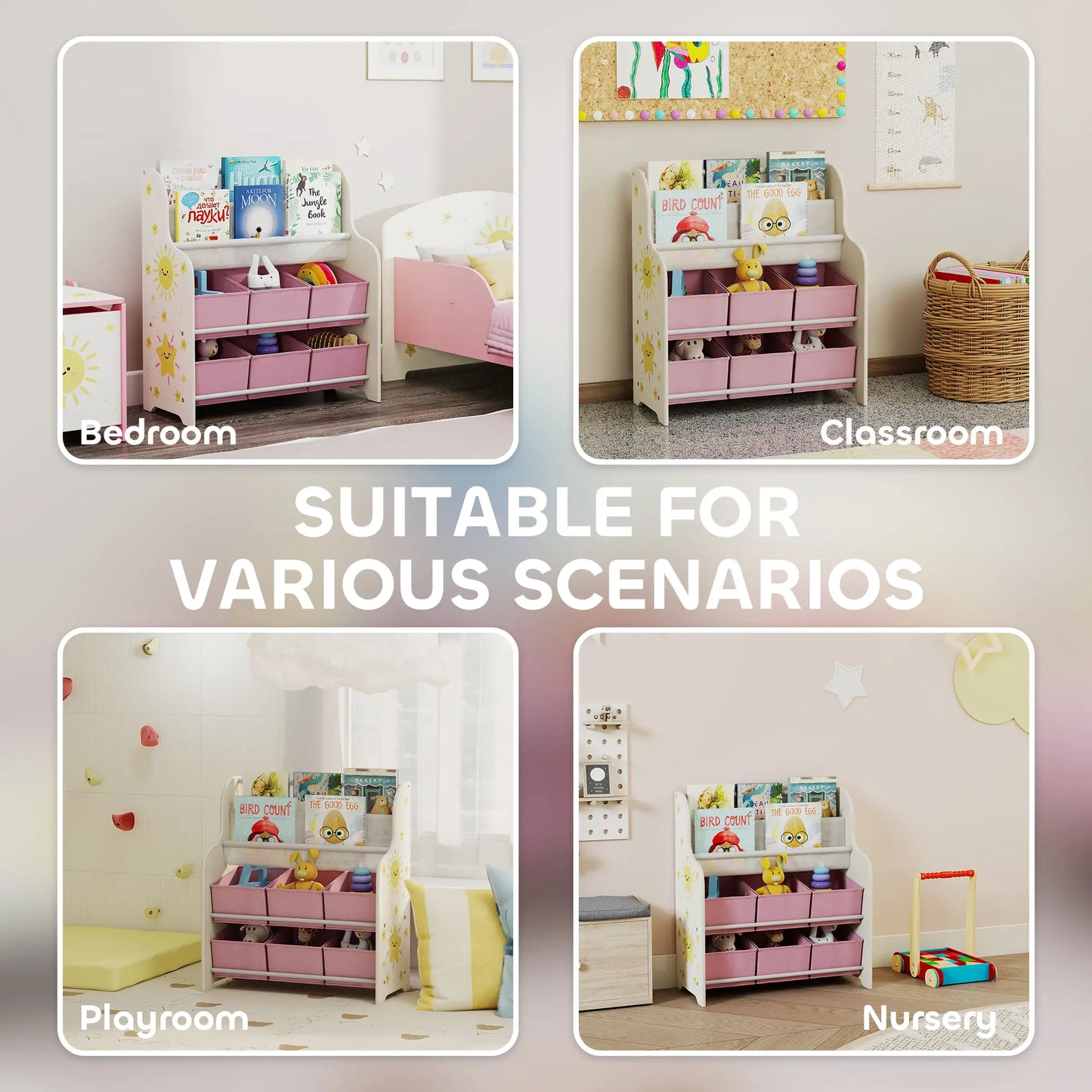 AIYAPLAY Kids Storage Unit, Toy Organiser with 6 Fabric Drawers and 2-Tier Sling Book Rack for Bedroom, Playroom, Pink