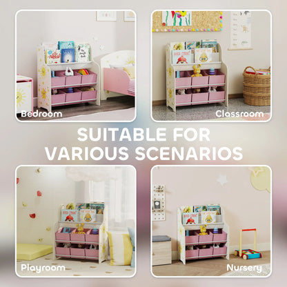 AIYAPLAY Kids Storage Unit, Toy Organiser with 6 Fabric Drawers and 2-Tier Sling Book Rack for Bedroom, Playroom, Pink