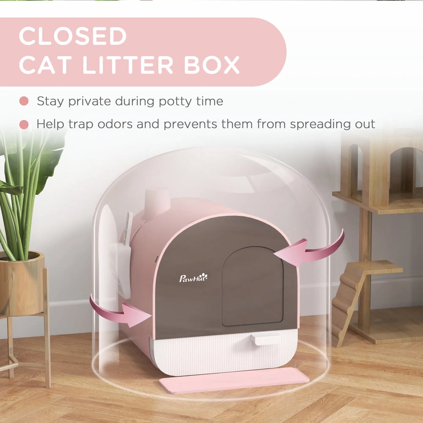 PawHut Hooded Cat Litter Box, Kitten Litter Tray with Lid, Scoop, Filter, Flap Door, Pink