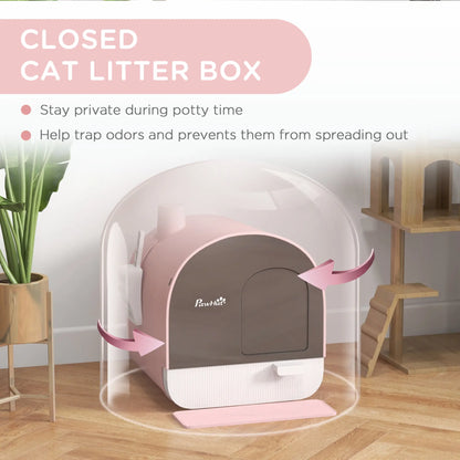 PawHut Hooded Cat Litter Box, Kitten Litter Tray with Lid, Scoop, Filter, Flap Door, Pink