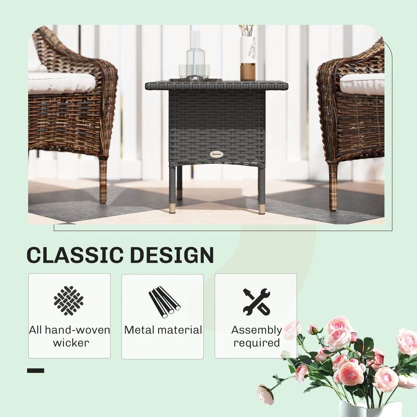 Outsunny Outdoor Coffee Rattan Side Table with Plastic Board Under the Full Woven Table Top for Patio, Garden, Grey