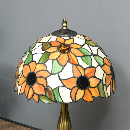 HOMCOM Tiffany Stained Glass Table Lamp, Handmade Antique Bedside Lamp, Night Light, Orange Sunflower