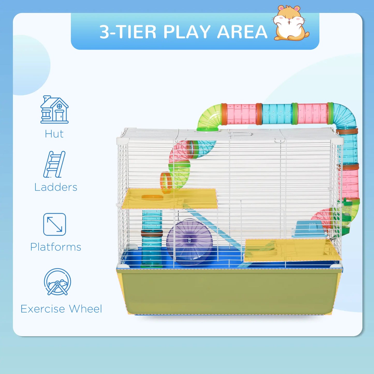 PawHut Hamster Cage, Gerbil Cage 3 Tier for Dwarf Hamster with Tube, Exercise Wheel, Water Bottle, Food Dish - Blue