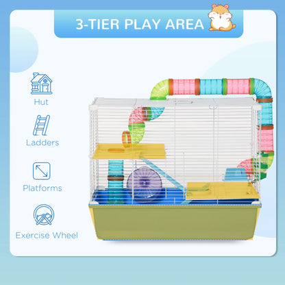 PawHut Hamster Cage, Gerbil Cage 3 Tier for Dwarf Hamster with Tube, Exercise Wheel, Water Bottle, Food Dish - Blue
