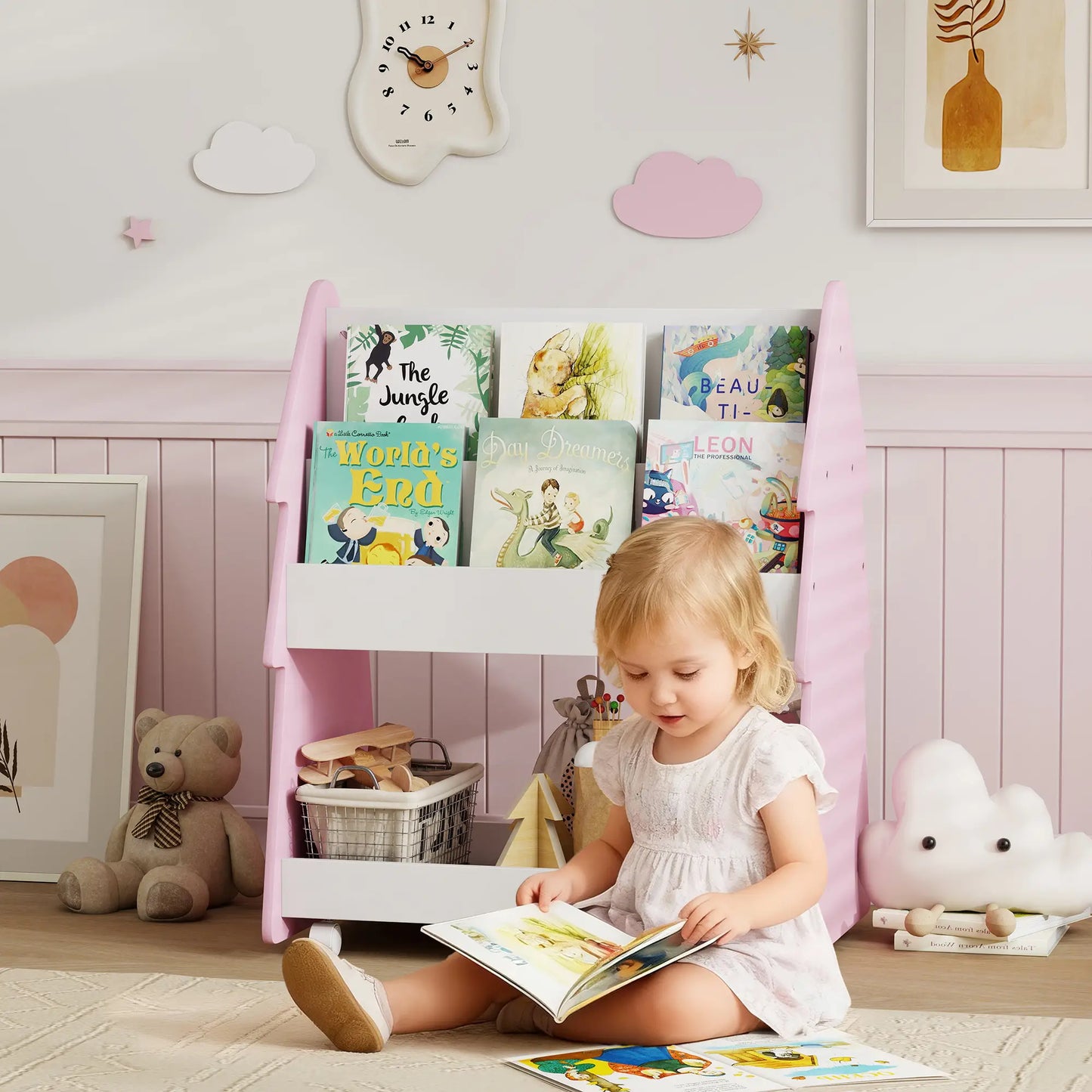 AIYAPLAY Kids Bookshelf with Toy Storage & Wheels, Double-Sided Bookcase, 3 Tier Book Rack for Bedroom, Pink