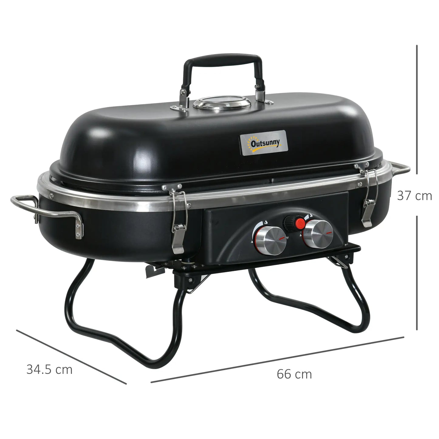 Outsunny Foldable Gas BBQ Grill 2 Burner Table Top Barbecue with Lid for Camping Picnic Cooking, Aluminium Alloy