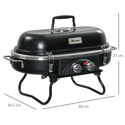 Outsunny Foldable Gas BBQ Grill 2 Burner Table Top Barbecue with Lid for Camping Picnic Cooking, Aluminium Alloy