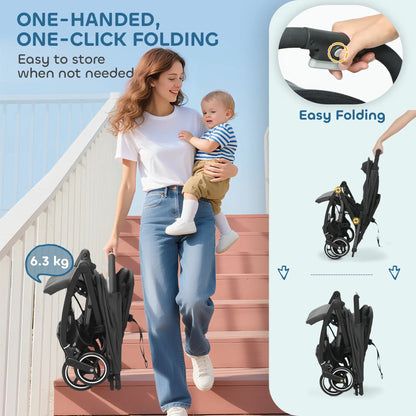 AIYAPLAY Travel Stroller, Lightweight Pushchair, Compact Buggy with Canopy, Basket & Multi-Position Recline, Dark Grey