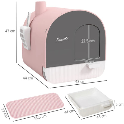 PawHut Hooded Cat Litter Box, Kitten Litter Tray with Lid, Scoop, Filter, Flap Door, Pink