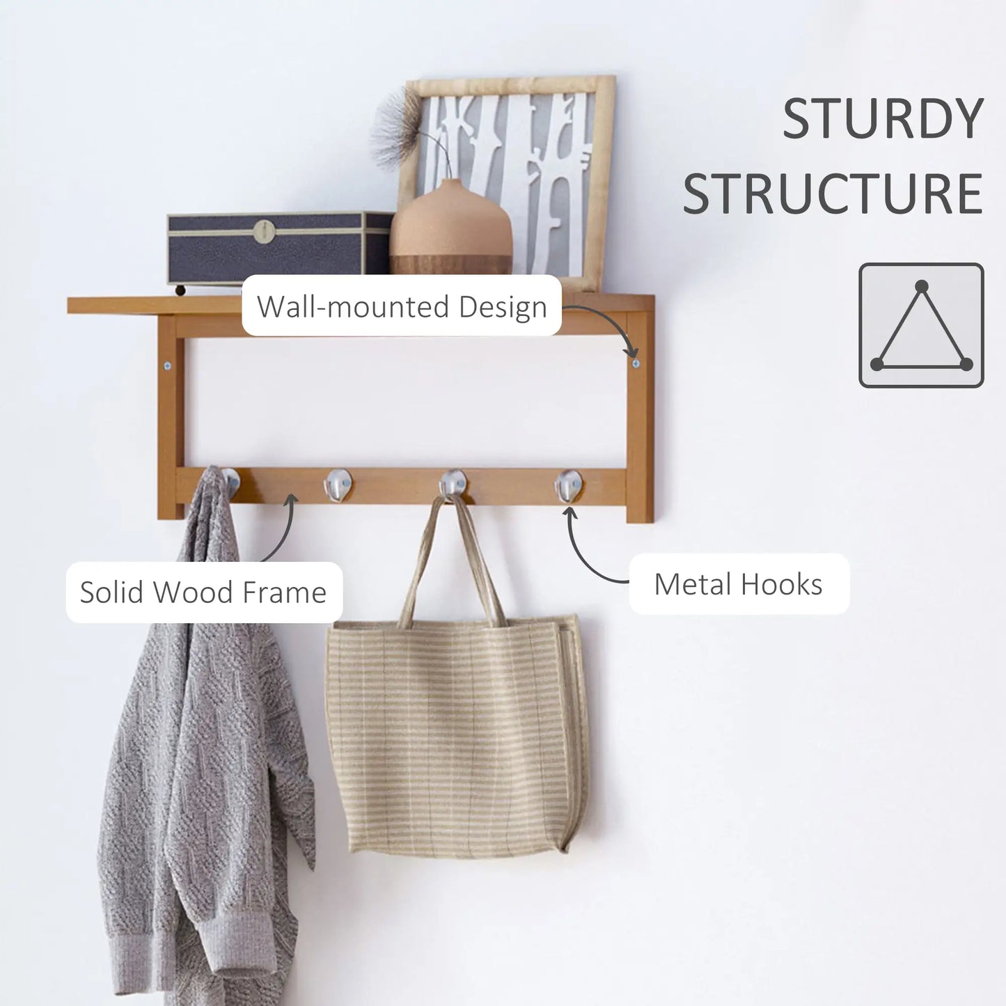 HOMCOM Wall Mounted Coat Clothes Hat Hanger 4 Hooks Rack Stand with Rail & Storage Shelf