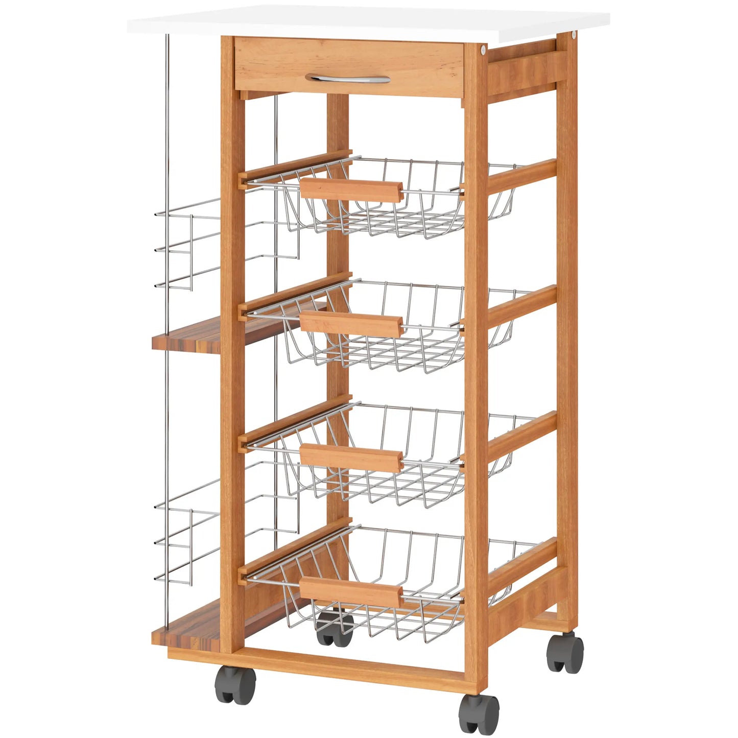HOMCOM Rolling Kitchen Cart, Utility Storage Cart with 4 Basket Drawers & Side Racks, Wheels for Dining Room, Brown
