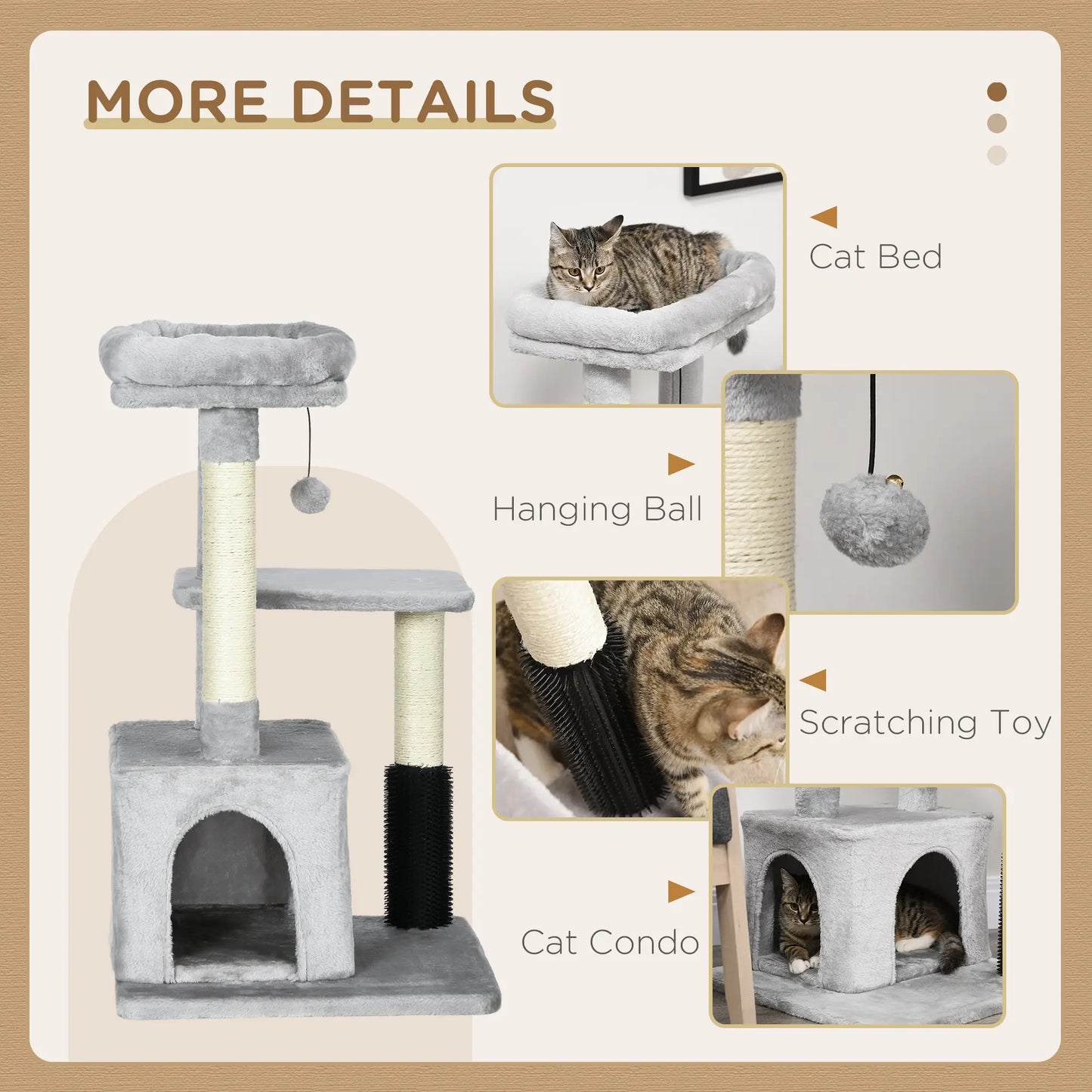 PawHut Cat Tree for Indoor Cats Climbing Tower Kitten Scratch Post Activity Center Kitten with Massage Toy Hanging Ball