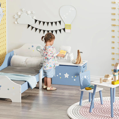 HOMCOM Kids Wooden Toy Box Children Storage Chest Organiser Side Handle, Safety Hinge Play, Blue