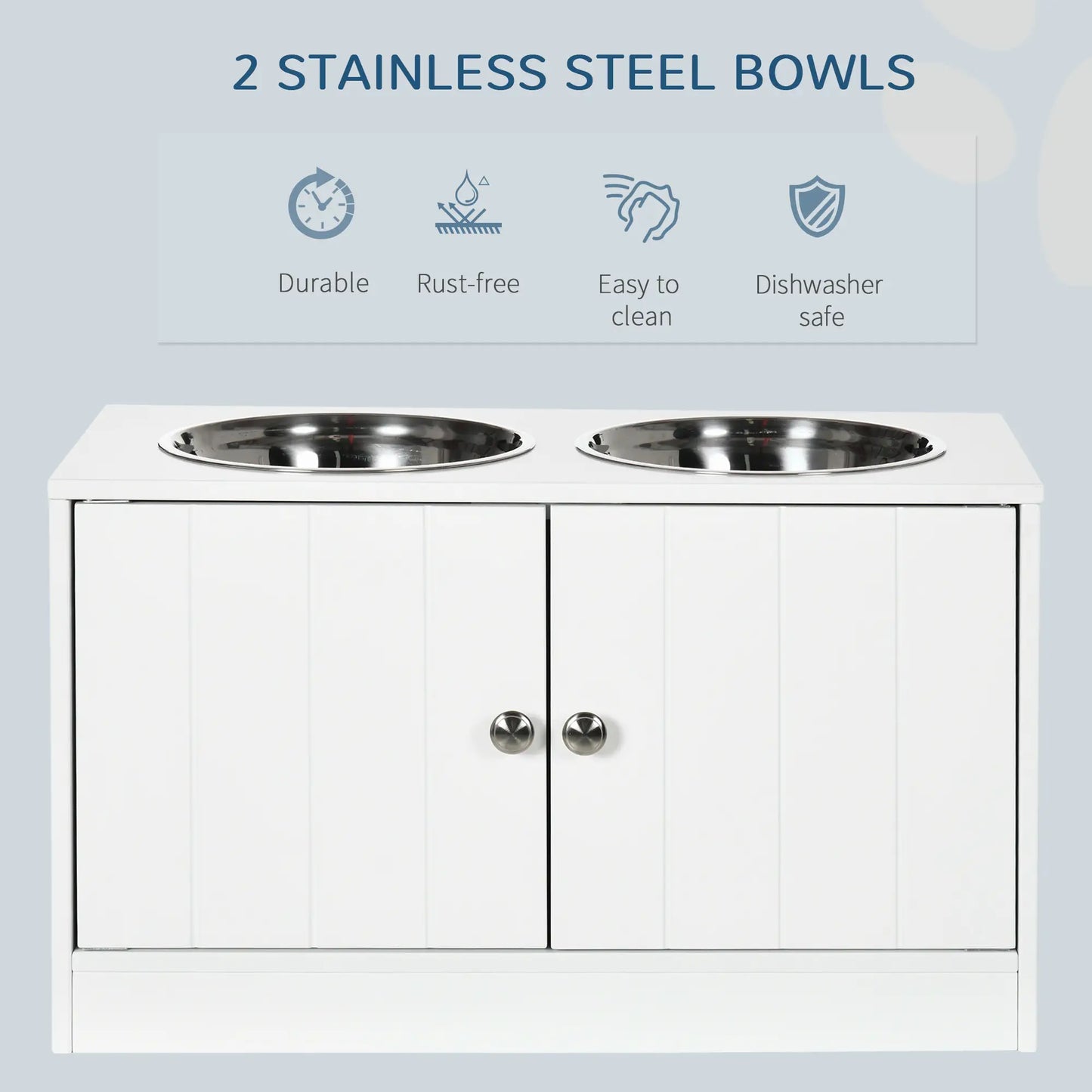 PawHut Raised Dog, Pet Feeder with Two Bowls, Storage - White