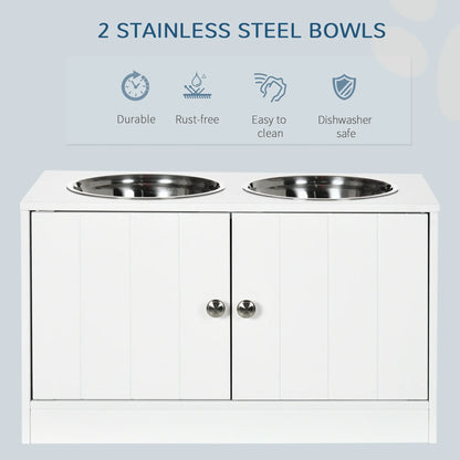 PawHut Raised Dog, Pet Feeder with Two Bowls, Storage - White
