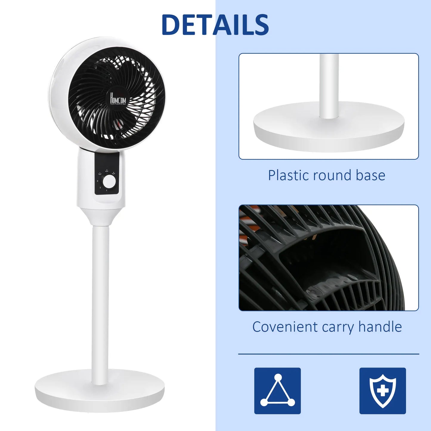 HOMCOM 9'' Air Circulator Fan 3 Speed, 70° Oscillation 90° Vertical Tilt, Carry Handle, Pedestal Fan, White & Black