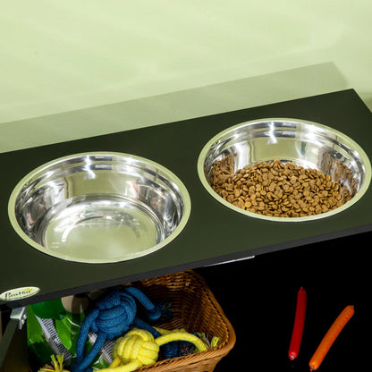 PawHut Raised Pet Dog Feeder, with Two Bowls, Storage - Black