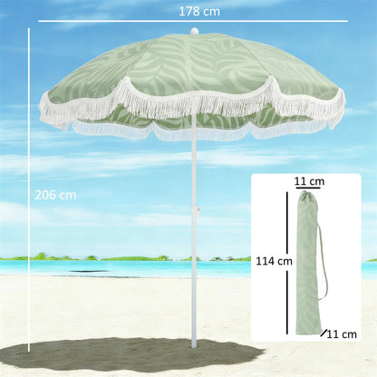 Outsunny Beach Umbrella Parasol with Sand Anchor, Portable Tilting Garden Parasol with Adjustable Height, Green