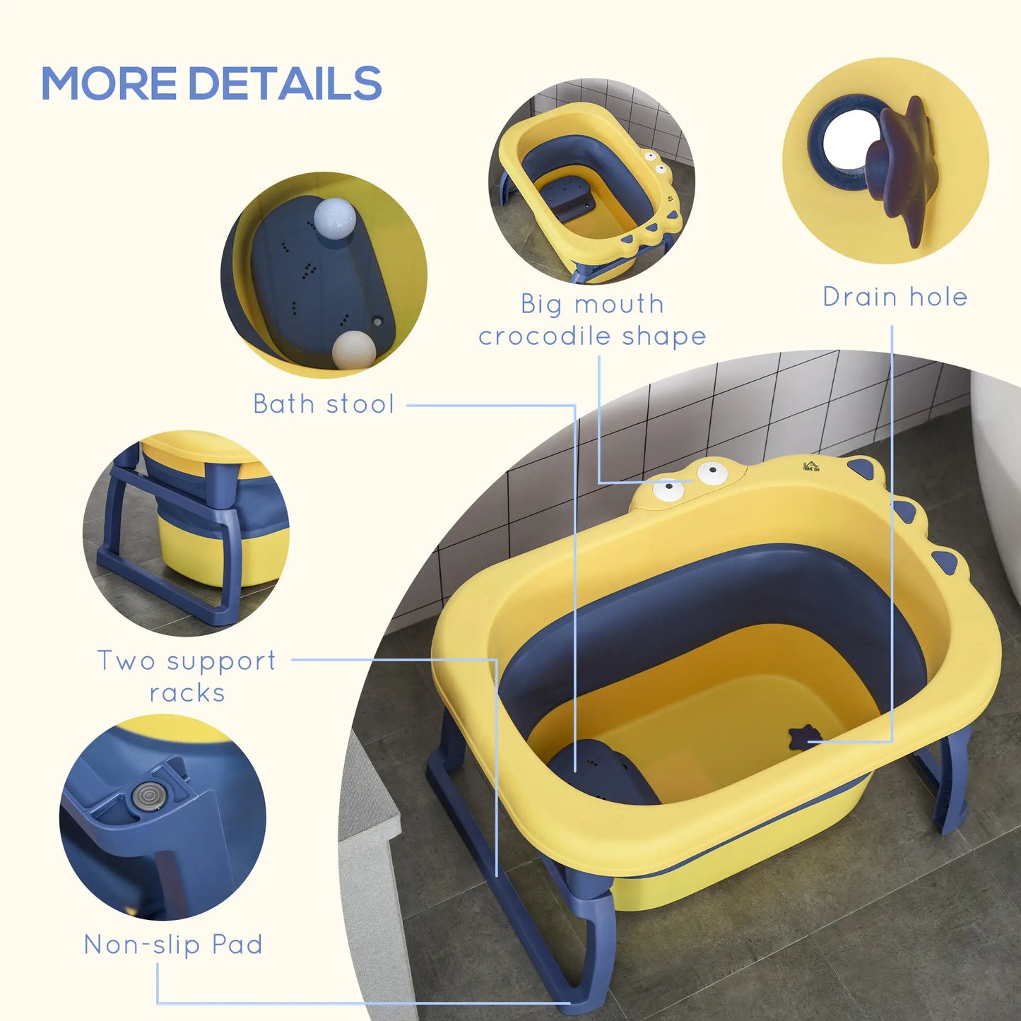HOMCOM Baby Bathtub for 0-6 Years Collapsible Non-Slip with Stool Seat for Newborns Infants Toddlers Kids - Yellow