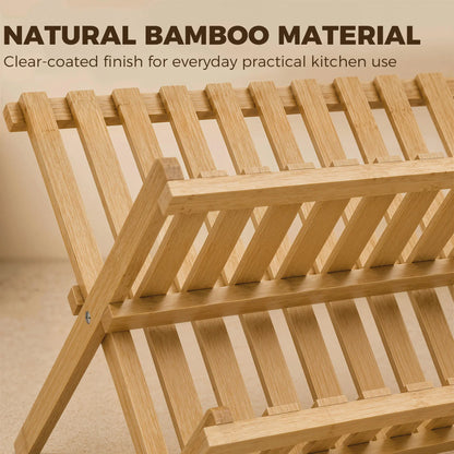 HOMCOM 2-Tier Foldable Kitchen Storage Rack with Slatted Draining Shelves, Natural Wood Finish