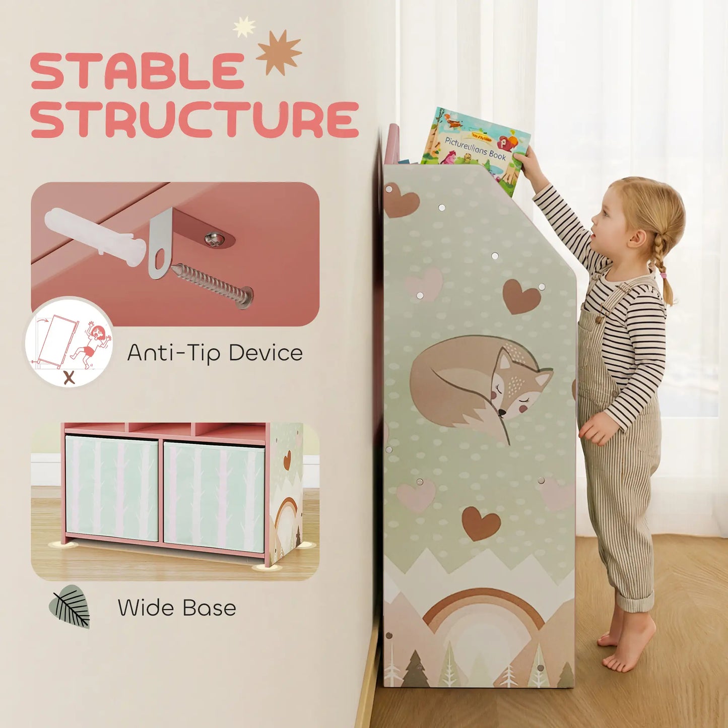 AIYAPLAY Kids Bookshelf with Toy Storage, Book Shelves and Fabric Drawers for Playroom, Pink