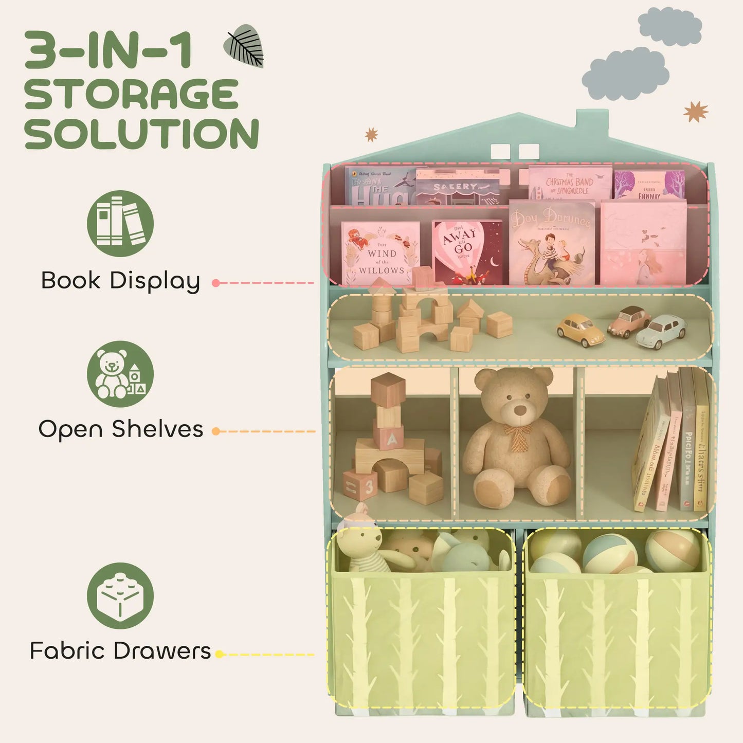 AIYAPLAY Kids Bookshelf with Toy Storage, Book Shelves and Fabric Drawers for Playroom, Green