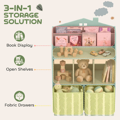 AIYAPLAY Kids Bookshelf with Toy Storage, Book Shelves and Fabric Drawers for Playroom, Green